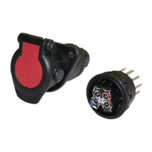 Presa 15 poli 24V (ISO 12098) di Erich Jaeger per rimorchi e semirimorchi. Gestisce tutte le funzioni elettriche (luci + servizi) con un unico connettore. Conforme ADR, Grado di protezione IP54. Soluzione unificata per il cablaggio 24V.