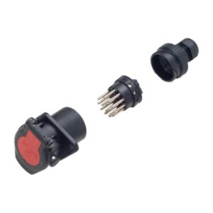 Presa 15 poli 24V (ISO 12098) di Erich Jaeger per rimorchi e semirimorchi. Gestisce tutte le funzioni elettriche (luci + servizi) con un unico connettore. Conforme ADR, Grado di protezione IP54. Soluzione unificata per il cablaggio 24V.